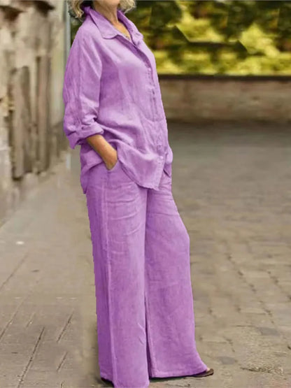 Ensemble 2 pièces en coton et lin pour femmes, chemise à manches longues, jambe large, mode féminine, bureau, printemps, automne