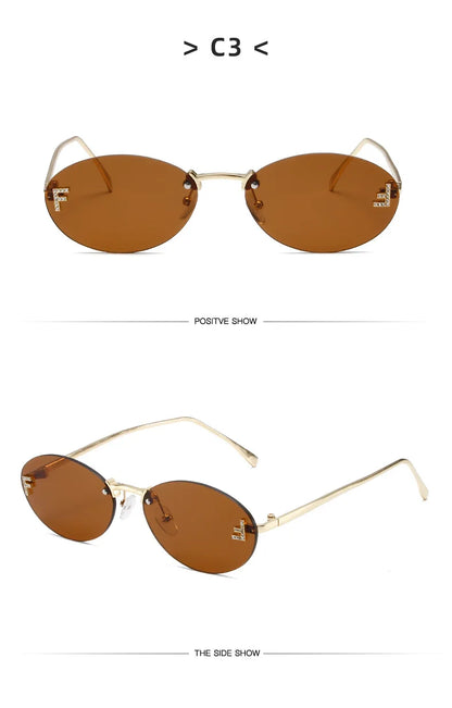 Lunettes de soleil noires sans bords avec petite lettre ovale en diamant «F» pour femmes, marque de luxe, monture métallique, lunettes de soleil Unsiex, nuances élégantes UV400