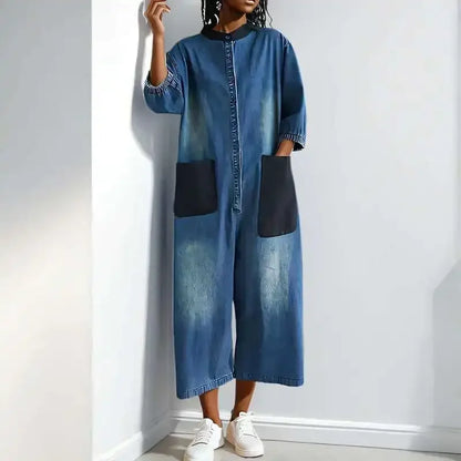 Combinaisons en Denim avec poches Patchwork pour femmes, nouveaux articles, col rond, simple boutonnage, pantalon élastique à manches courtes