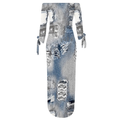 Robe en jean imprimé rétro, manches longues, coupe cintrée, élégante, décontractée, fente, col à une épaule