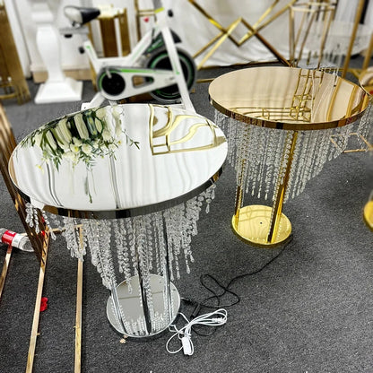 Rideau de perles de cristal, Table à gâteau, décoration de mariage, Table en métal avec éclairage, Table à gâteau en cristal de mariage