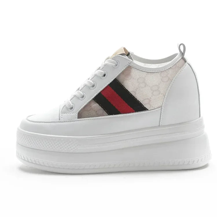 9cm femmes chaussures grosses baskets Air maille évider en cuir véritable blanc chaussures compensées plate-forme talon pompes Mujer Bombas