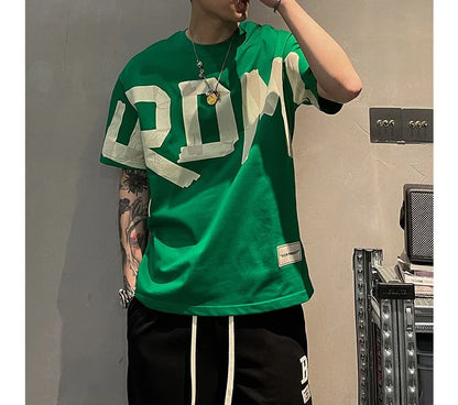 T-shirt manches courtes col rond, décontracté, assorti avec tout, tendance coréenne, couleur unie, lettre imprimée, ample, mode jeunesse, été 2023