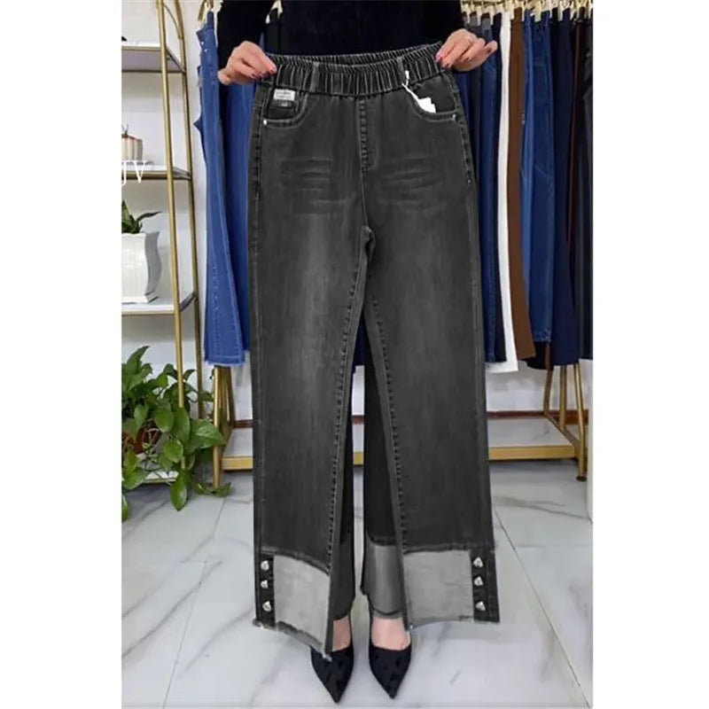 Jean femme d'âge moyen printemps automne taille extensible pantalon en Denim droit grande taille ample taille haute décontractée noir bleu pantalon