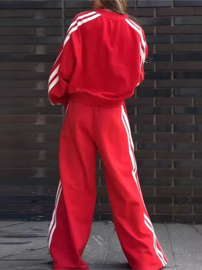 Ensemble 2 pièces pour femmes, haut court à manches longues, col en v + pantalon à jambes larges, avec poches bloquées de couleur, ample, nouvelle mode automne