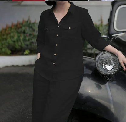 Ensemble chemise et pantalon pour femmes, élégant, col à revers, manches longues, mode automne, tenues, pantalons de travail solides, costumes, survêtement, 2 pièces