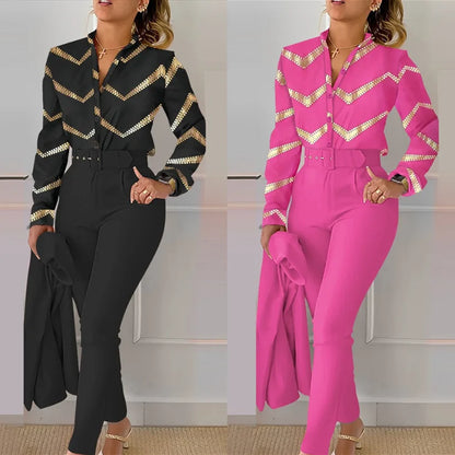 Ensemble chemise et pantalon à manches longues pour femmes, col montant, imprimé floral, chemise décontractée élégante, FJSuits avec ceinture, automne, hiver, 2 pièces