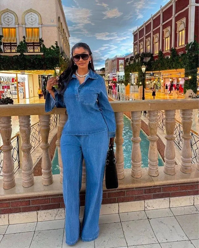 Ensemble pantalon en Denim pour femmes, ensemble deux pièces assorti, Streetwear décontracté, chemise ample, jambes larges, pantalons longs, taille haute, jean maman Y2k