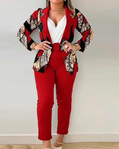 Ensemble de travail deux pièces avec ceinture pour femme, blazer à col à revers, manteau cardigan, pantalon, lettre imprimée, mode, bureau imbibé, automne, hiver