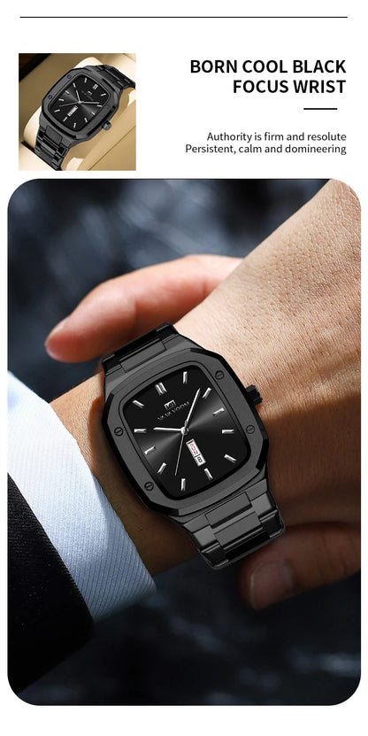 2024 Nouveaux hommes montre mode carré bracelet en acier inoxydable bleu or 3Bar Quartz semaine calendrier simulé affaires sport montre-bracelet