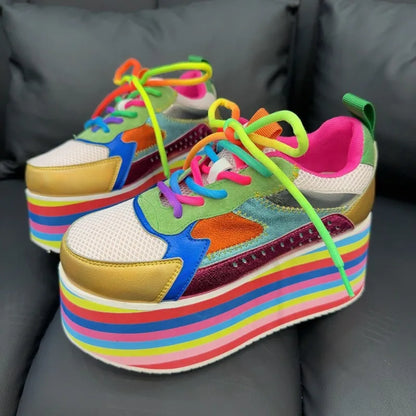 Style de loisirs dames couleur arc-en-ciel maille bout rond plate-forme croisée talons hauts chaussures respirant couleurs mélangées pompes de mode