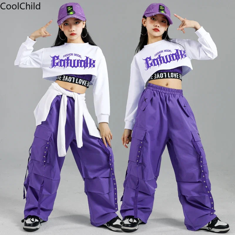 Haut court K-pop pour filles, pantalons cargo, cardigan de danse de rue pour enfants, olympiques streetwear pour enfants, ensembles de vêtements de groupe de filles Jazz