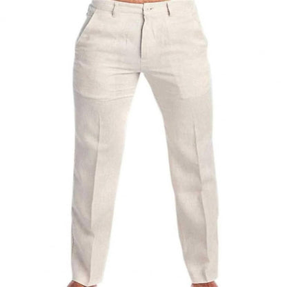 Pantalon en coton et lin pour hommes, Long, décontracté, élégant, taille moyenne, couleur unie, Slim Fit, fermeture éclair, bouton volant