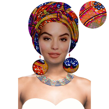 Turbans - bandeaux africains pour femme foulard africain couvre-chef nigérian avec boucle d'oreille assortie Dashiki Ankara cire S20H004