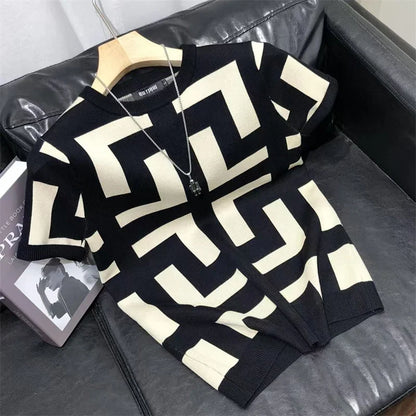 Polo BS été nouveaux hommes mince Vintage à manches courtes tricot t-shirt rayé imprimé col rond graphique t-shirts pour hommes Camiseta Masculina