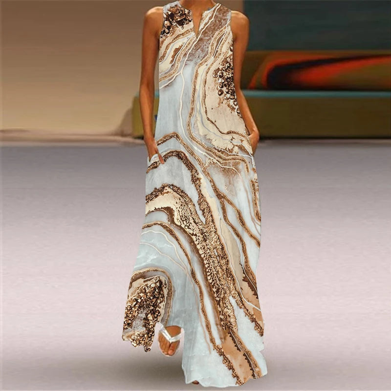 Robe longue imprimée sans manches, col en v, Sexy, transfrontalière, vêtements pour femmes en Europe et en amérique, nouvelle collection été 2024