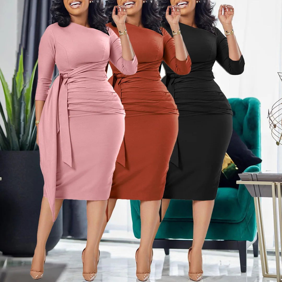 Robes moulantes à lacets élégantes pour femmes, manches trois quarts, bureau, fête, mode, plis, Bandage, robe africaine
