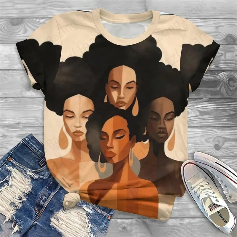 T-shirt col rond femme noir, streetwear, vintage, africain, impression 3D, mode décontractée, visage noir, baggy, t-shirts