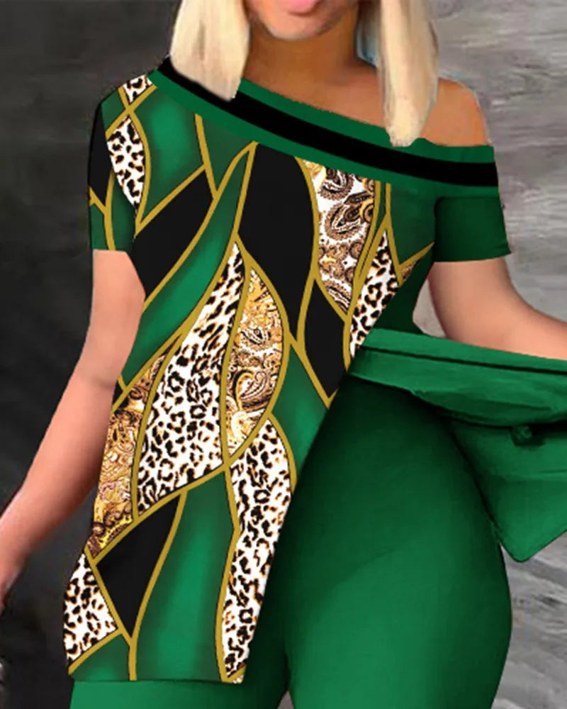 Ensemble deux pièces élégant pour femmes, nouvelle mode, imprimé, manches à volants, haut, pantalon de couleur unie, avec ceinture, chemisiers, vêtements féminins