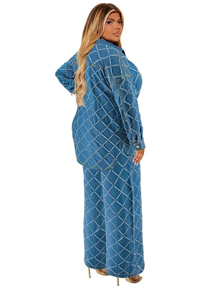 Wmstar grande taille Denim deux pièces ensembles femmes automne vêtements imprimer à manches longues hauts pantalons nouveaux costumes assortis en gros Dropshopping