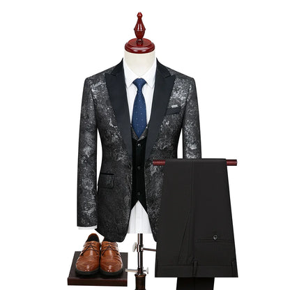 Costume vert 3 pièces pour hommes, veste de robe de soirée de mariage avec gilet et pantalon, ensembles Slim à la mode pour hommes, tissu Jacquard Beige, noir, bleu