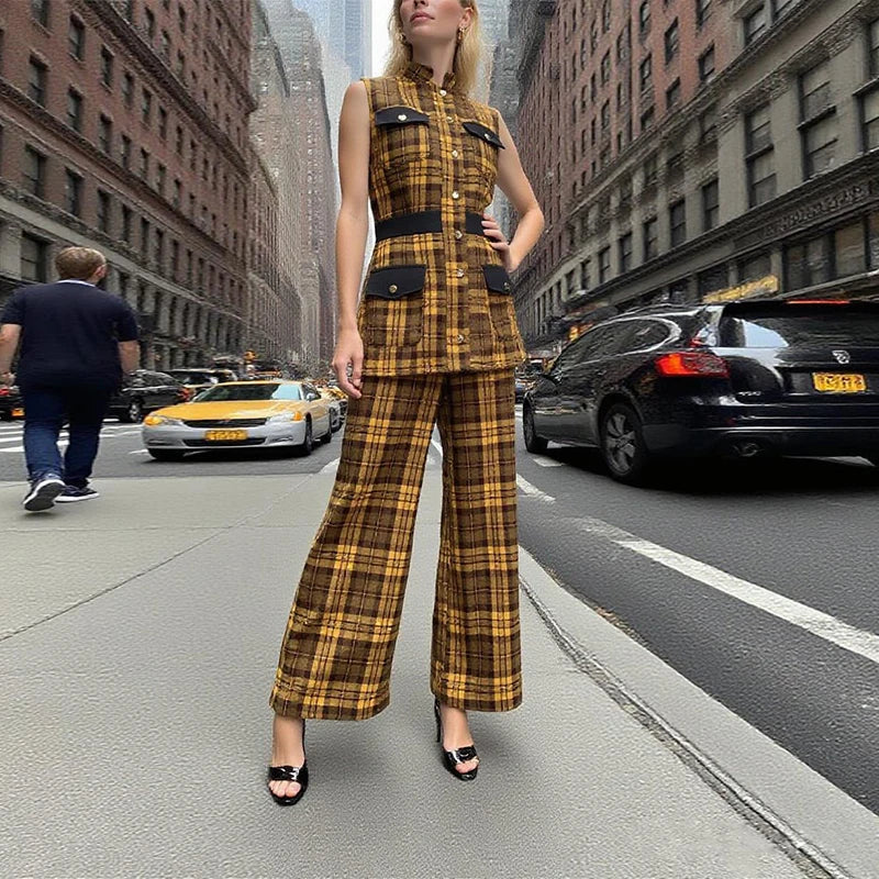 Krisstargirl 2 pièces ensembles tenue pour femmes été automne Plaid vêtements d'extérieur gilet haut pantalon à jambes larges correspondant costumes femme