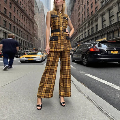 Krisstargirl 2 pièces ensembles tenue pour femmes été automne Plaid vêtements d'extérieur gilet haut pantalon à jambes larges correspondant costumes femme