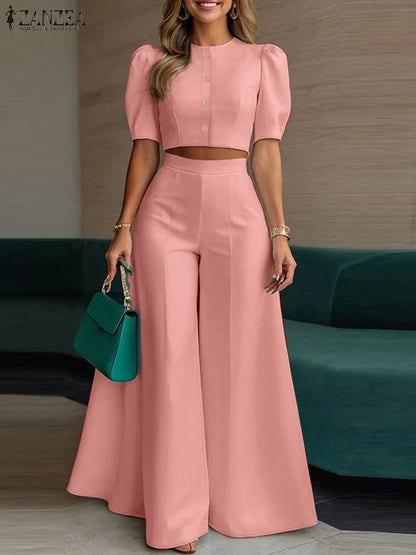 BS -  rue mode femme 2 pièces ensembles élégant manches courtes bouffantes haut court pantalon à jambes larges 2 pièces tenue élégant bureau pantalon ensembles