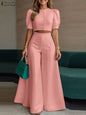 BS -  rue mode femme 2 pièces ensembles élégant manches courtes bouffantes haut court pantalon à jambes larges 2 pièces tenue élégant bureau pantalon ensembles
