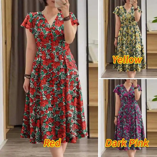 Robe d'été élégante pour femmes, col en V, manches courtes, imprimé Floral, style bohème, robes de fête de vacances, 2024