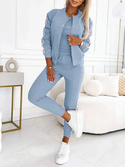 Ensemble trois pièces décontracté pour femmes, débardeur avec bande rayée, pantalon à revers, veste boutonnée, vêtements de sport, survêtements pour femmes, automne