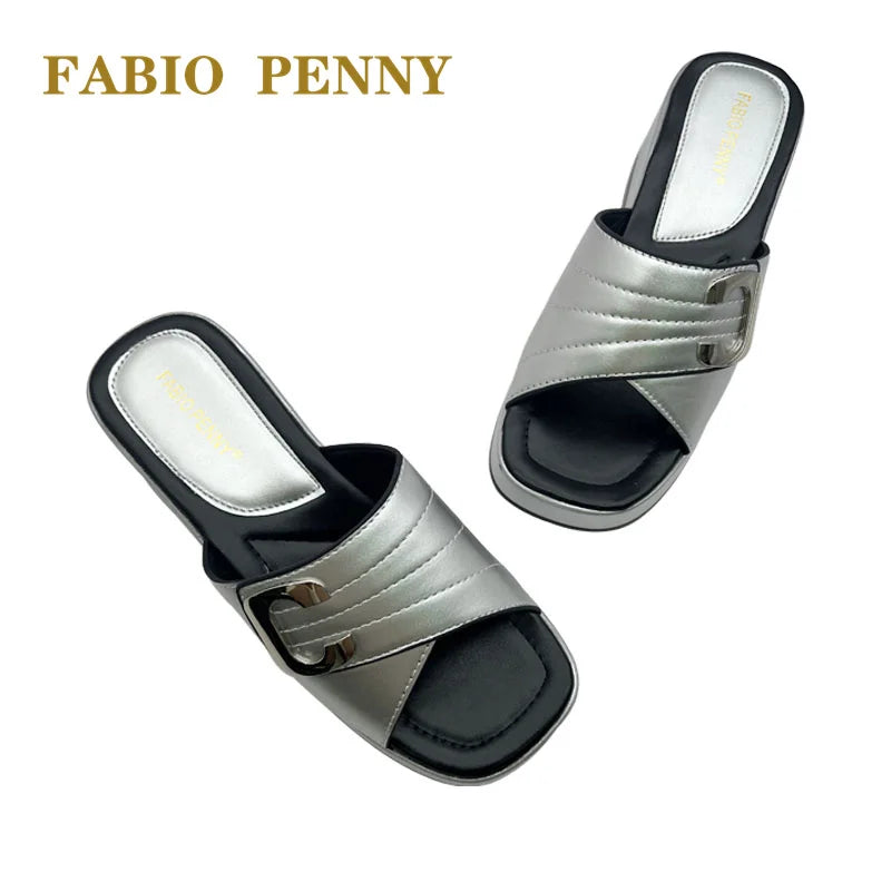 FABIO PENNY2025 été nouveau design métallique couleur unie à semelles épaisses à la mode et sexy dames fête pantoufles à semelles souples