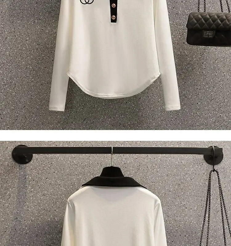 Ensemble deux pièces pour femmes, chemise à manches longues et col Polo, décontracté, Patchwork, jambes larges, nouvelle collection automne 2024