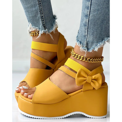 Peep Parker-Sandales à l'offre elles compensées avec nœud papillon pour femmes, sandales en daim, style coréen, printemps, automne, été, 03/Casual, 2024