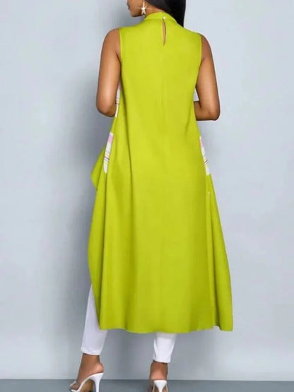 Bonboho 2025 T-shirt élégant pour femmes couleur contrastée col montant gilet sans manches hauts haut-bas coupe ample plissé chemises Extra-longues