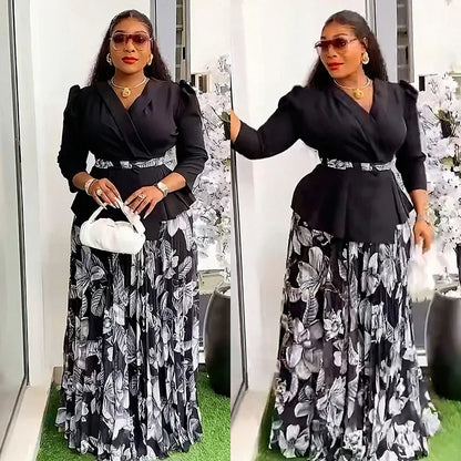 Vêtements africains 2 pièces pour femmes, mode d'été, demi-manches, col en v, haut imprimé en Polyester, jupe longue, ensembles assortis, 2025