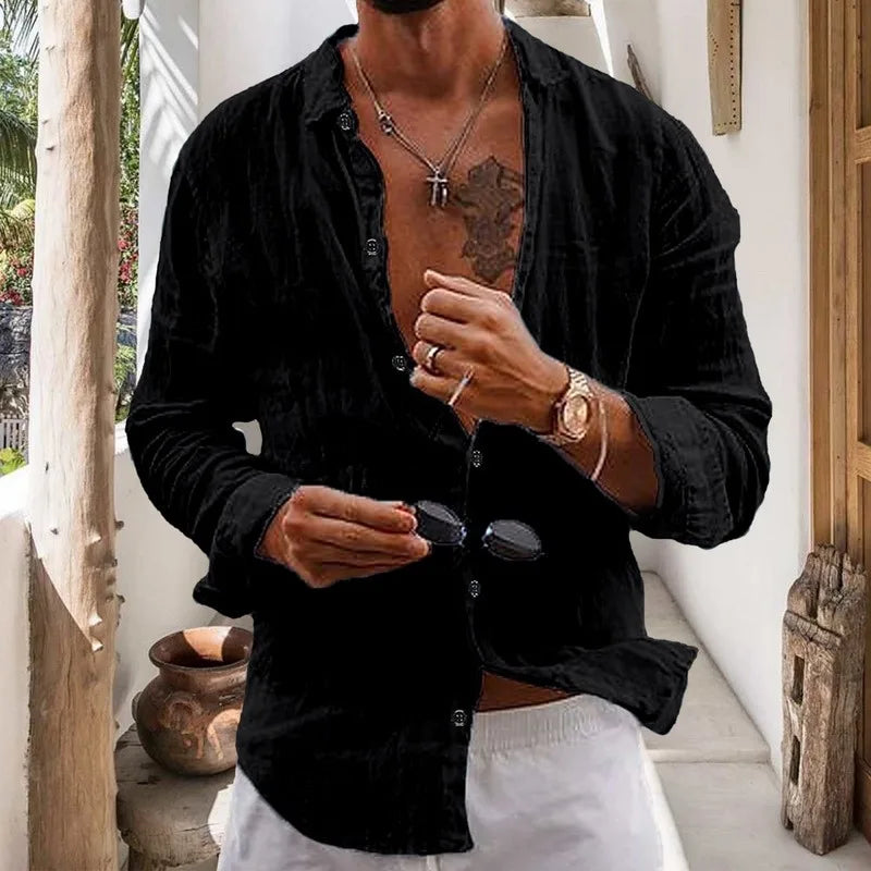 Chemise en coton pour hommes, confortable et décontractée, Cardigan à revers rayé, simple boutonnage, manches longues, nouvelle collection printemps été