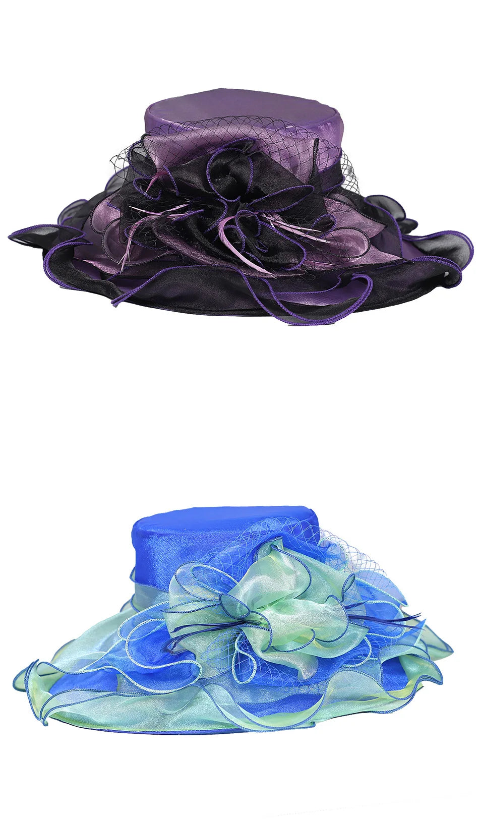 FS été bleu vert église Chapeau pour femmes élégant à large bord Organza Fascinator chapeaux mariage mariée Casquette avec fleur Chapeau Femme