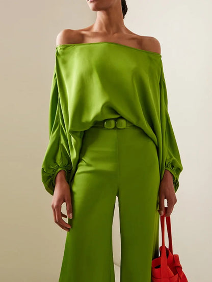 Onecozyday 2024 costume élégant vert uni pour femmes chemise et chemisier à épaules dénudées et pantalon taille haute à jambes larges