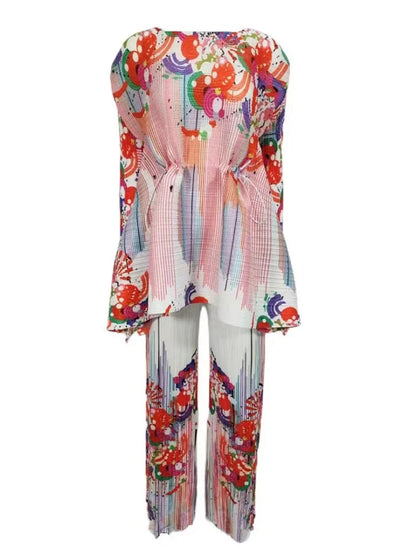 ANLAN-Ensemble Deux Pièces Plissé pour Femme, Imprimé, Manches sulf, Lacets, Taille Ronde, Pantalon Décontracté, Nouvelle Collection Automne 2024, 7YK3519