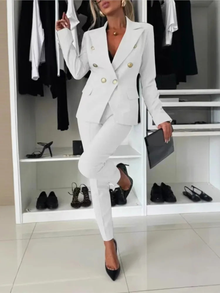 Mode Double boutonnage à manches longues costume ensemble femmes nouveau automne hiver coupe ajustée petite jambe pantalons longs femme bureau 2 pièces ensemble