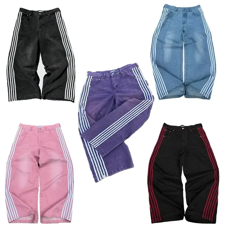 High Street Vintage rayé brodé taille haute jean hommes femmes pantalons décontractés Harajuku Hip Hop rue baggy jambes larges jean