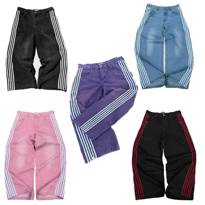 High Street Vintage rayé brodé taille haute jean hommes femmes pantalons décontractés Harajuku Hip Hop rue baggy jambes larges jean