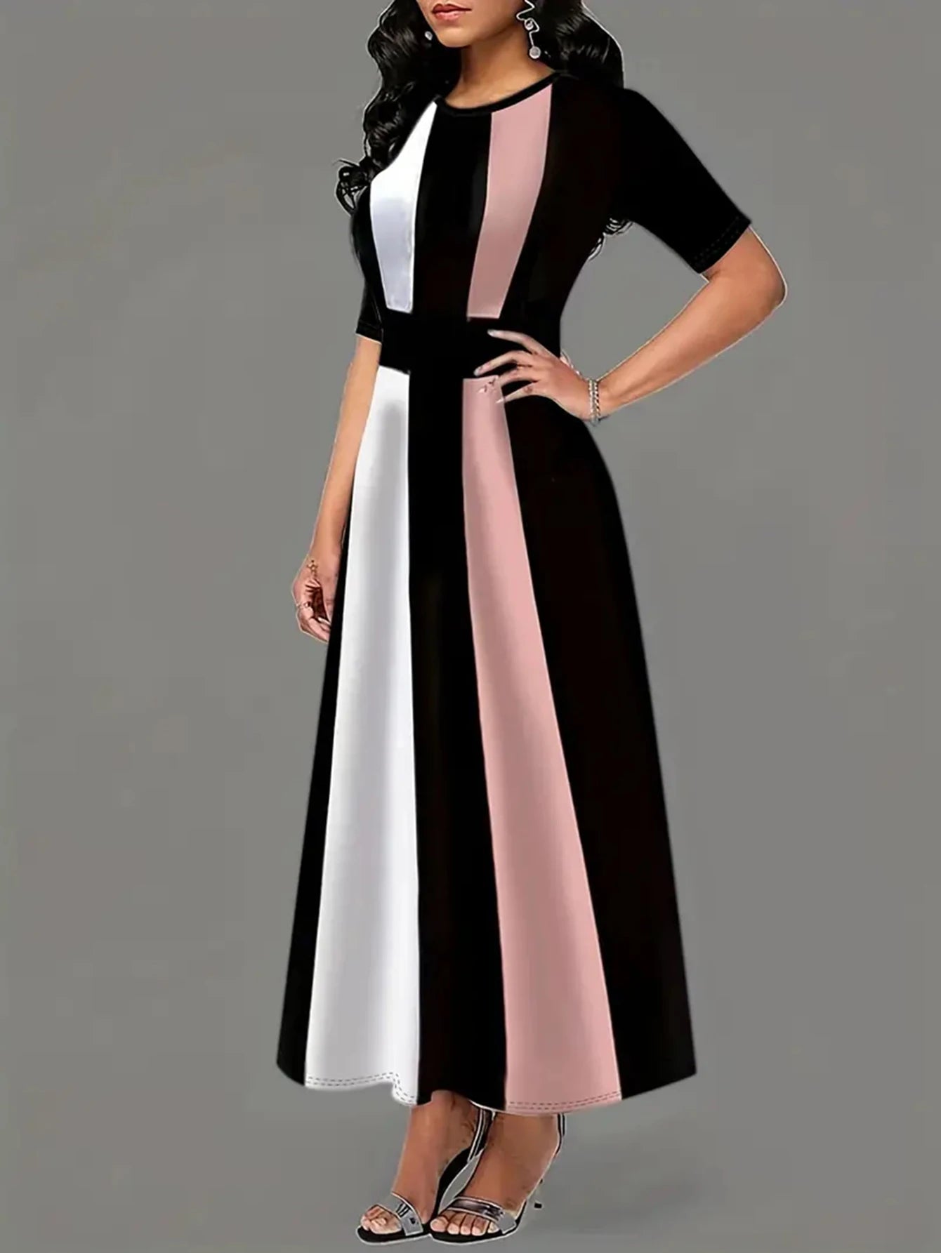 Robe à col rond bloc de couleurs, robe Vintage à manches courtes pour le printemps et l'été, vêtements pour femmes