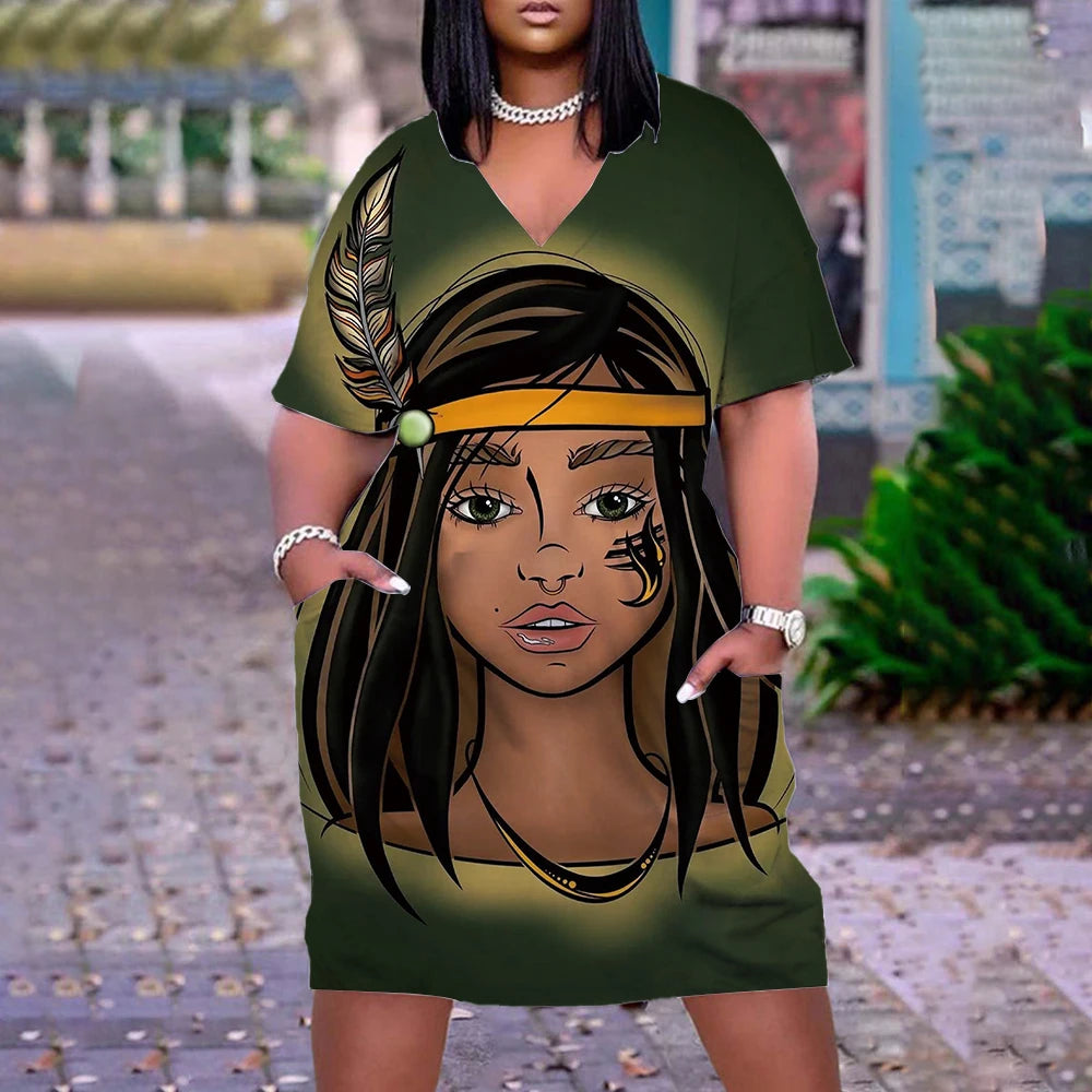 Robe d'été imprimée portrait 3D pour femmes, mode bohème, manches courtes, midi, col en v, vêtements de plage, vintage