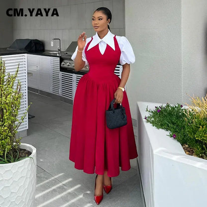 CM.YAYA – robe chemise longue à manches courtes bouffantes pour femmes, douce, Slim, taille haute, froncée, plissée, plage, Streetwear, Maxi, grande balançoire