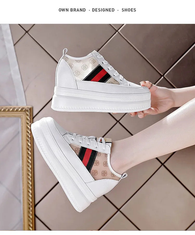 9cm femmes chaussures grosses baskets Air maille évider en cuir véritable blanc chaussures compensées plate-forme talon pompes Mujer Bombas