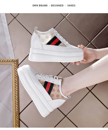 9cm femmes chaussures grosses baskets Air maille évider en cuir véritable blanc chaussures compensées plate-forme talon pompes Mujer Bombas