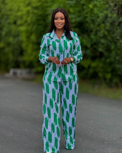Ensemble deux pièces imprimé à rayures pour femmes, mode africaine, décontracté, boutons, manches longues, chemise, jambes larges, pantalon, printemps automne
