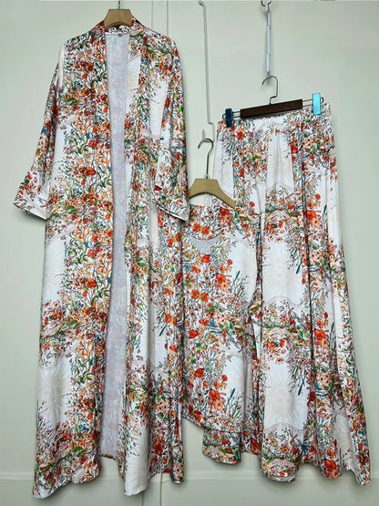 Cardigan long imprimé géométrique rétro, ensemble trois pièces, pull ample + jupe à jambes larges, costume à la mode pour femmes, été 2025